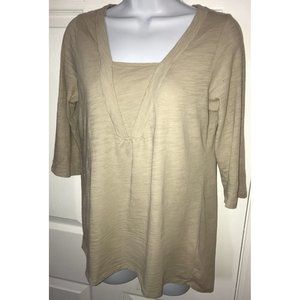 J Jill Petite Small Top Khaki Popover Tunic Mock-V Neck Tab Roll Sleeves Shirt